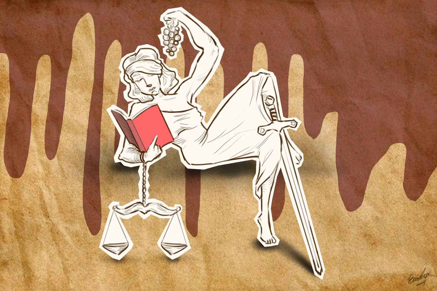Lady Justice taking her time to read a book—in style. Justice can wait.