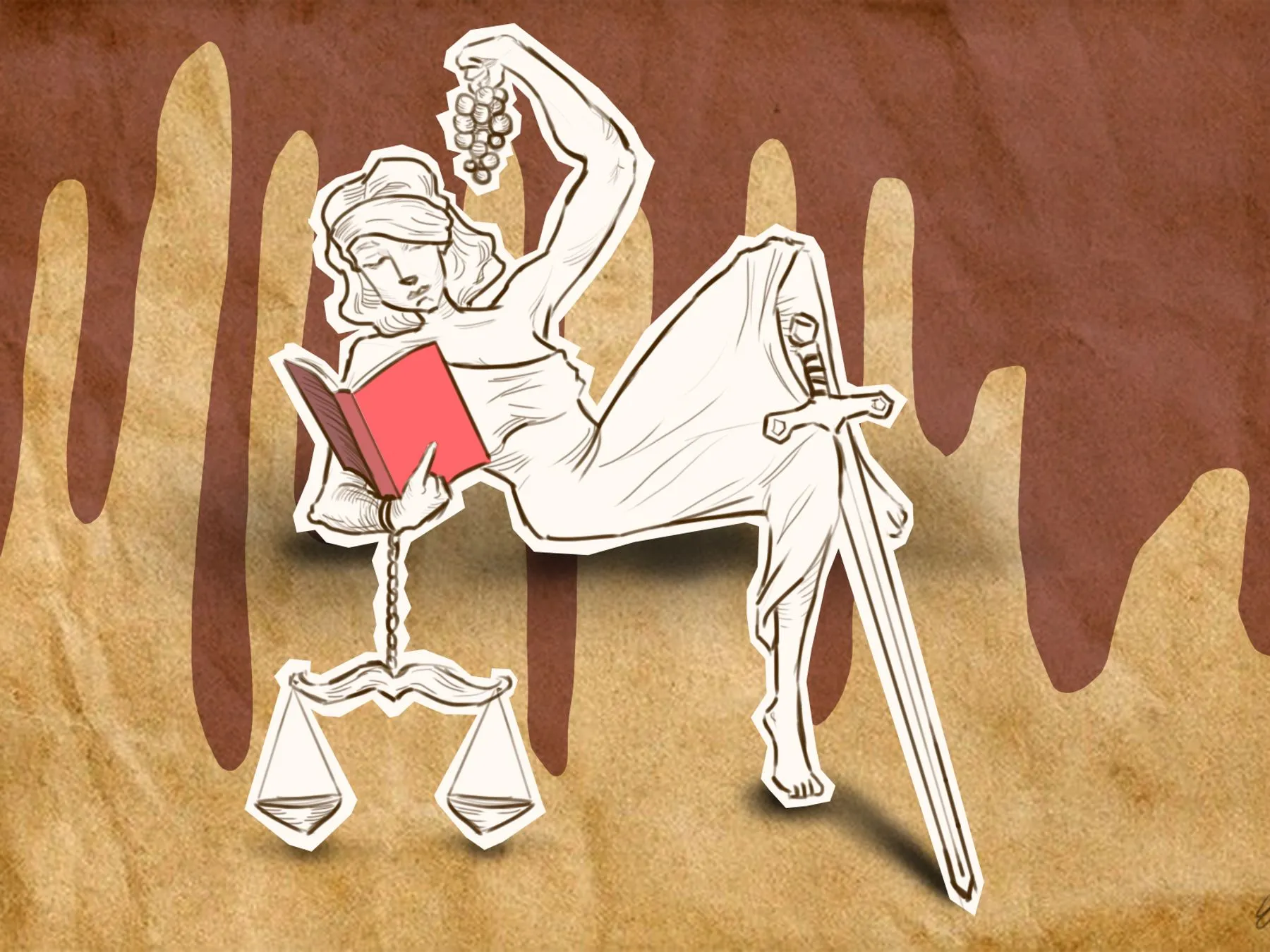 Lady Justice taking her time to read a book—in style. Justice can wait.