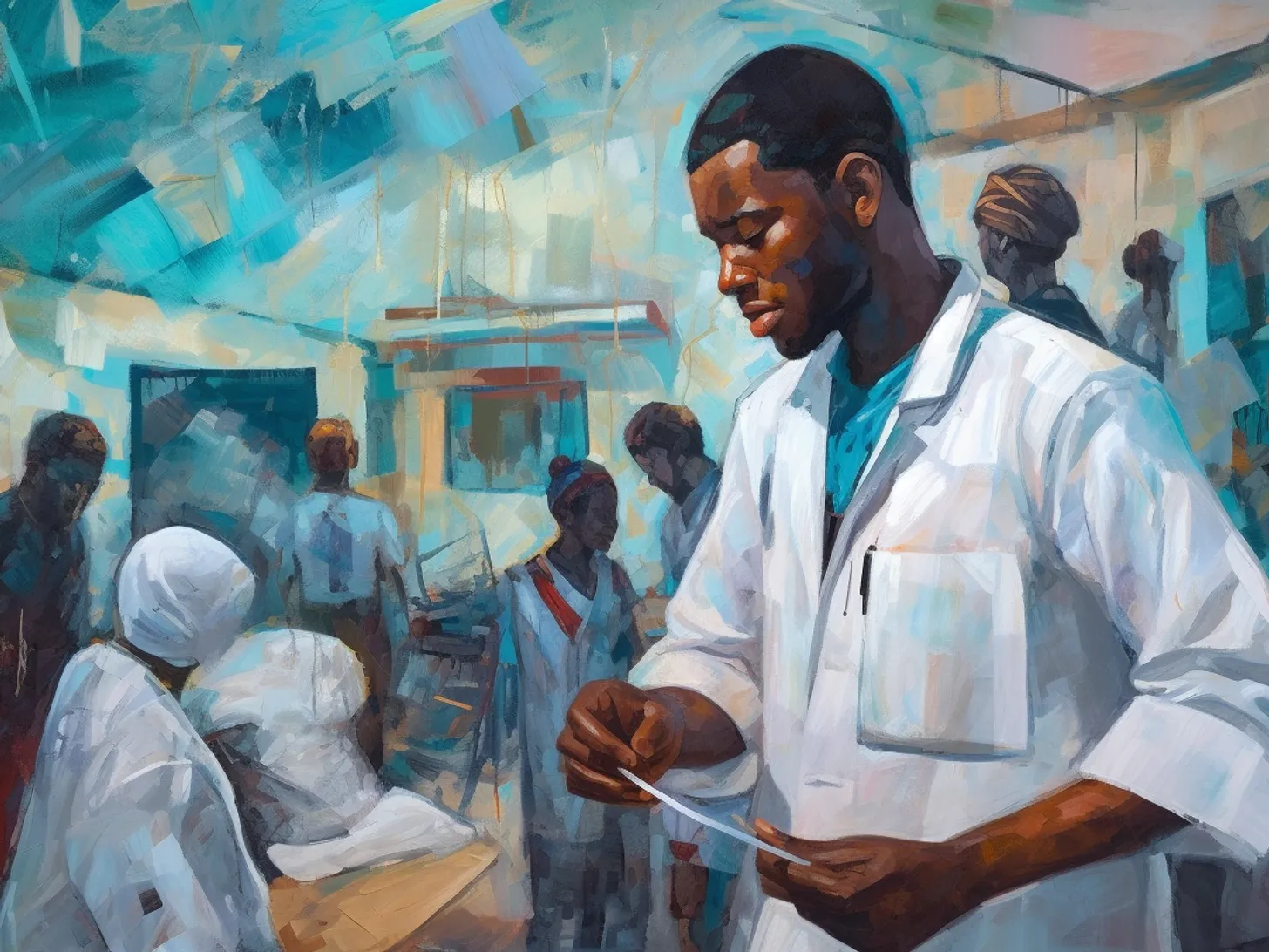 A young Nigerian doctor with a stethoscope and a paintbrush attending to patients in the emergency department.