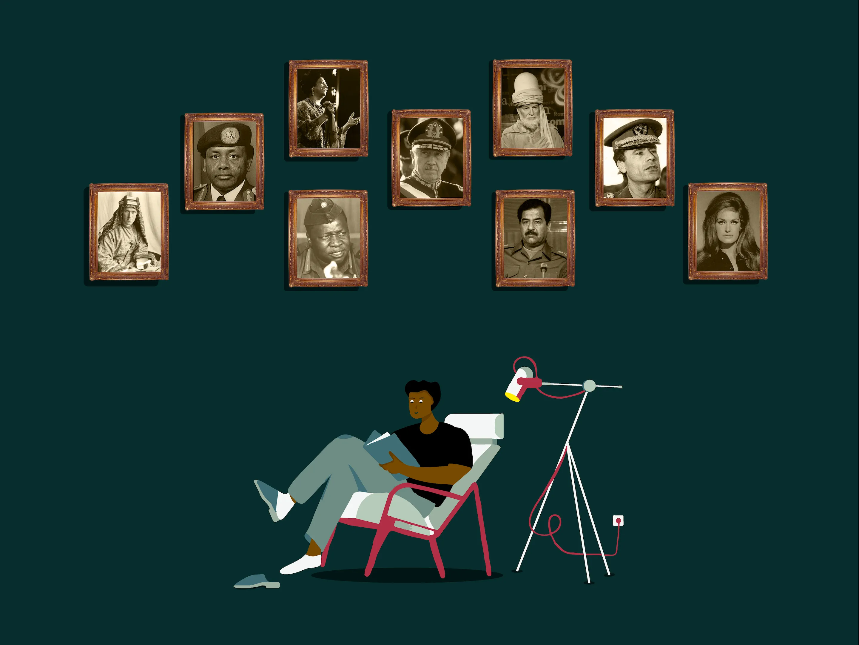 A person sitting under a Wall of Fame of notable figures in history.