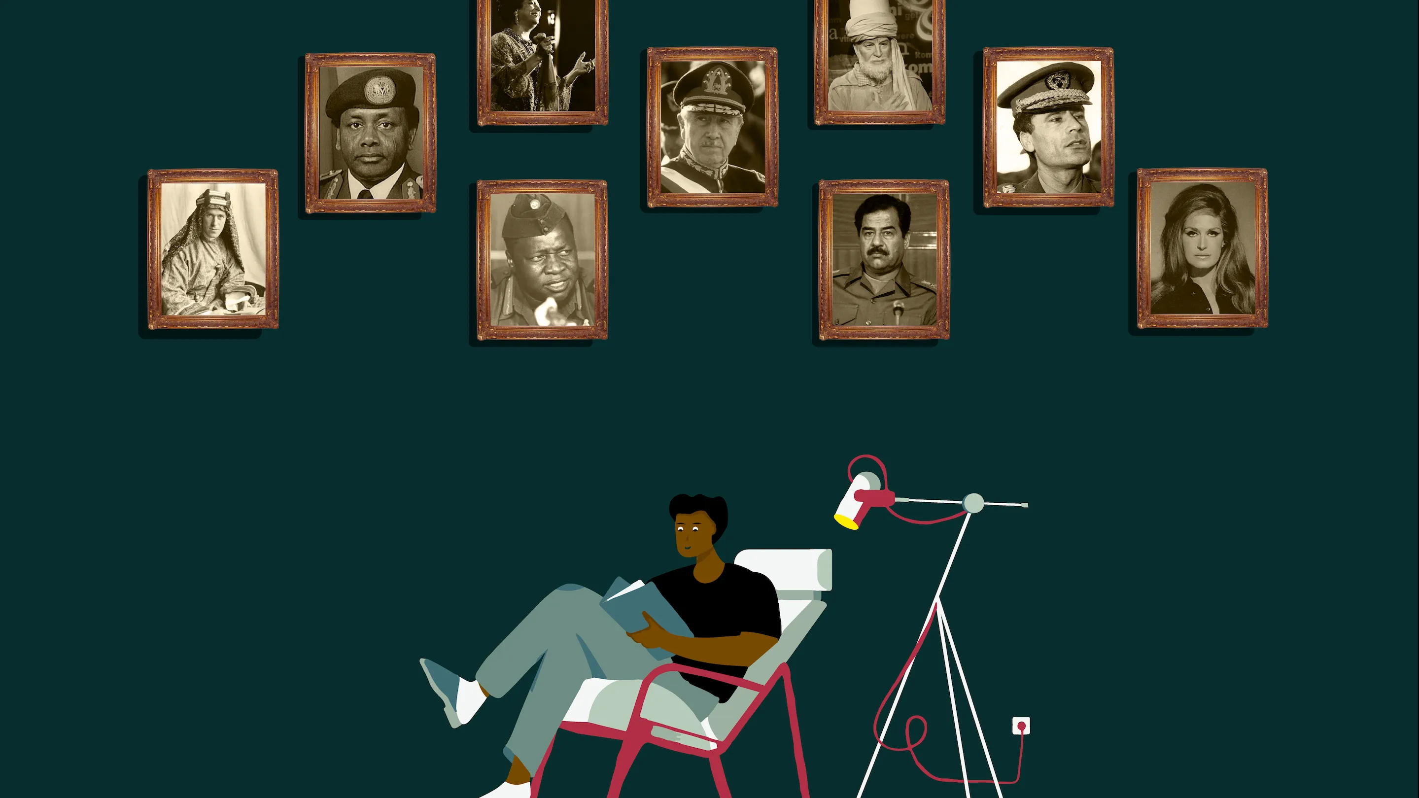 A person sitting under a Wall of Fame of notable figures in history.