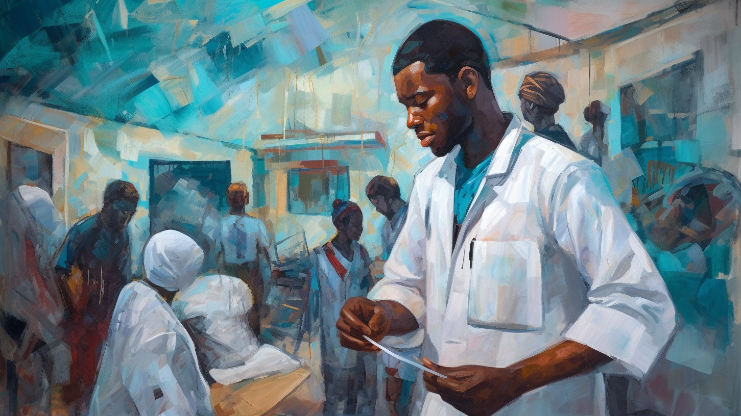 A young Nigerian doctor with a stethoscope and a paintbrush attending to patients in the emergency department.