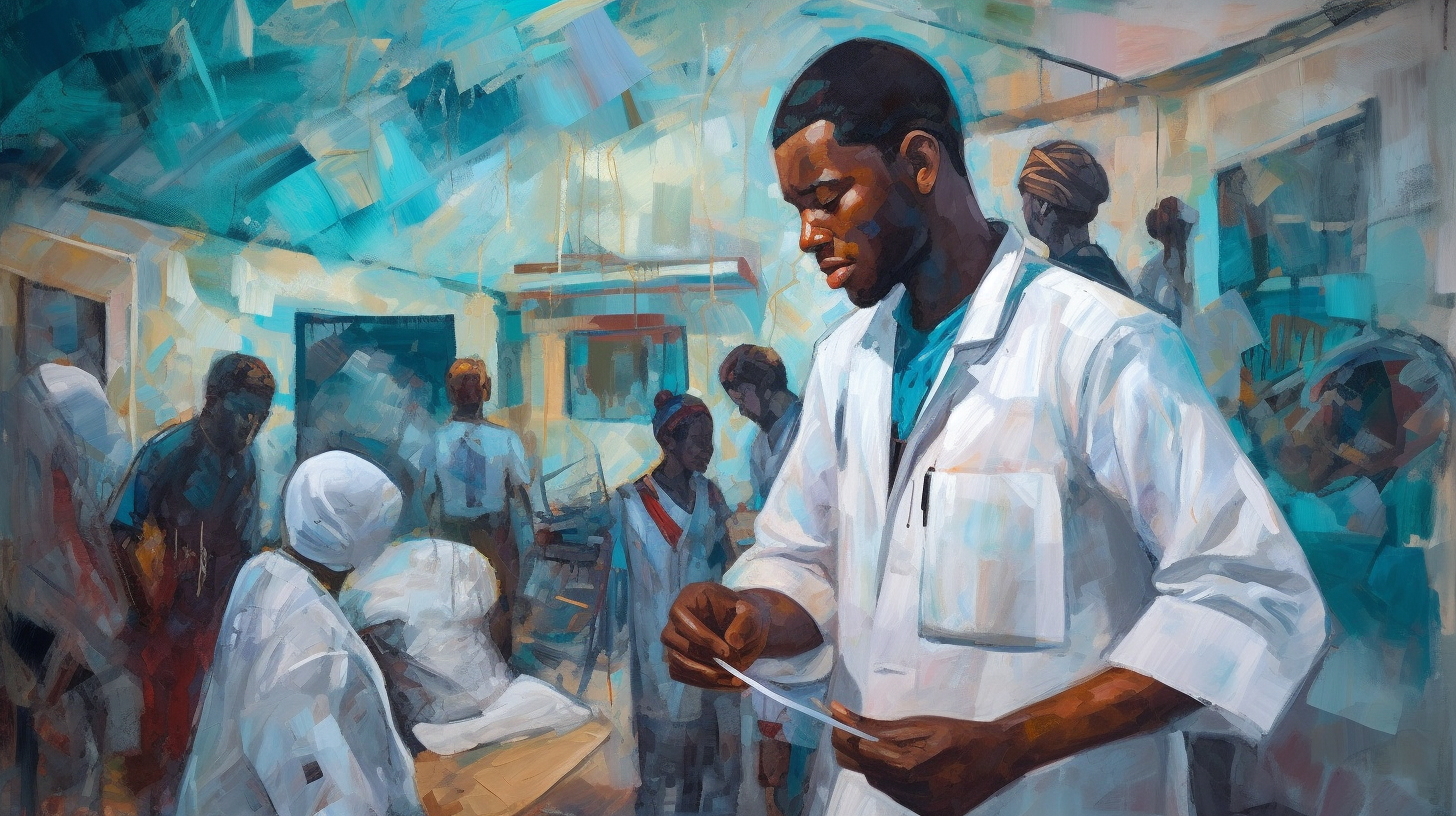 A young Nigerian doctor with a stethoscope and a paintbrush attending to patients in the emergency department.